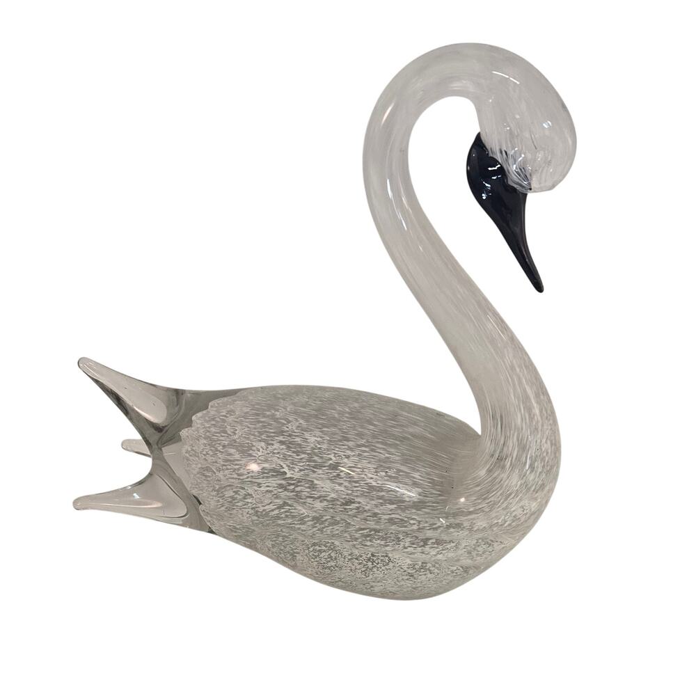 Vtg Murano Black & White Optic Clear Art Glass Swan  9" Bird Sculpture